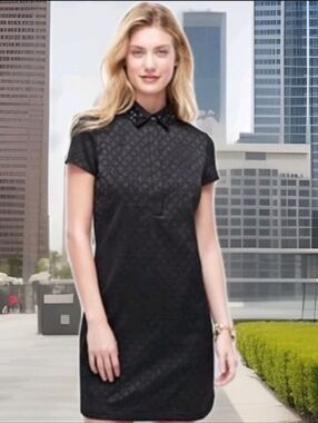 Ann Taylor  Black Shift Jacquard Shirt dress Embellished Collar  Sz  14